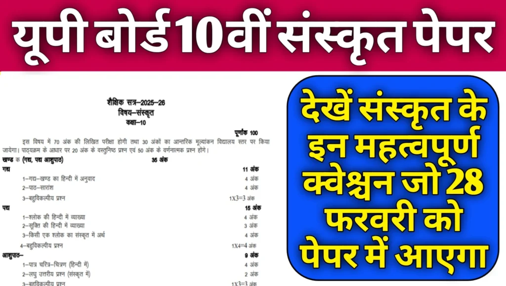 UP Board 10th Sanskrit Paper 2026 IMP PYQ Question 2026